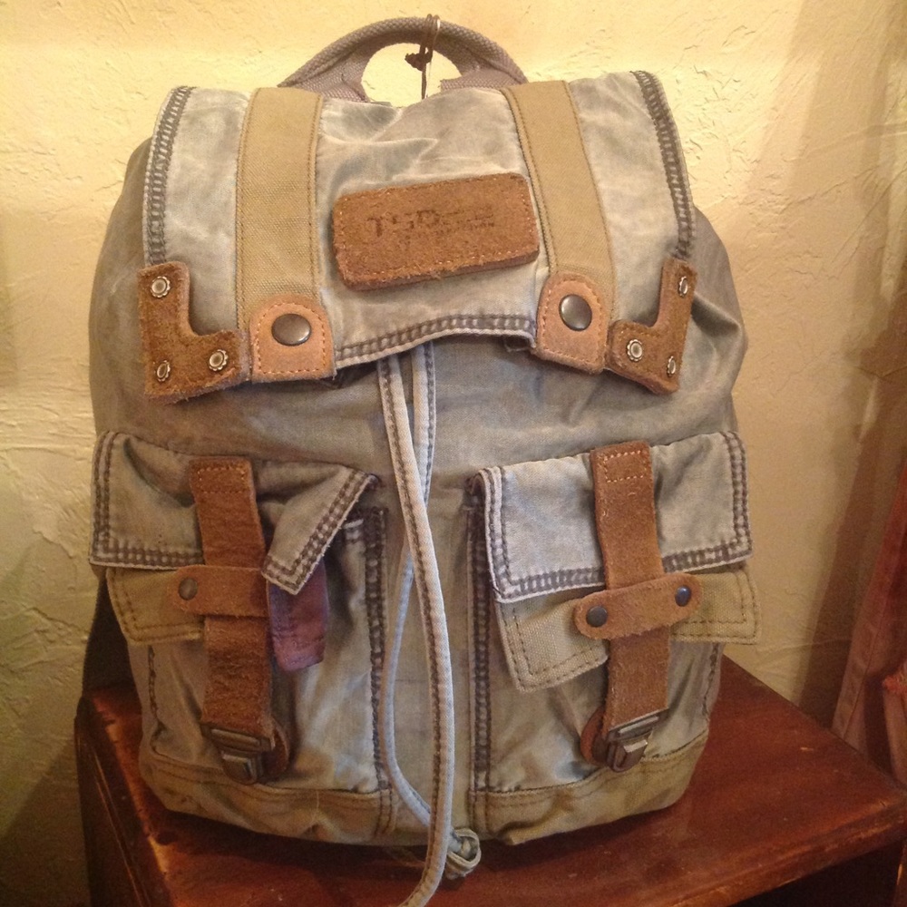 T.S.D. Distressed washed cotton denim backpack